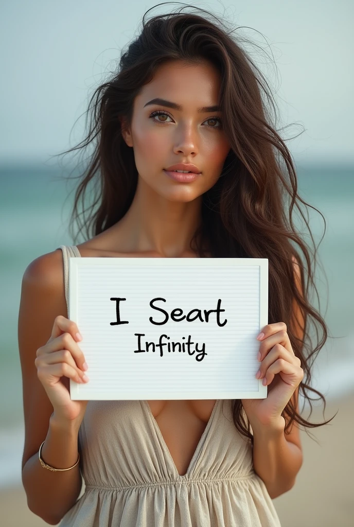 Beautiful girl with wavy long hair, bohemian dress, holding a white board with text "I Love Seaart Infinity" and showing it to the viewer