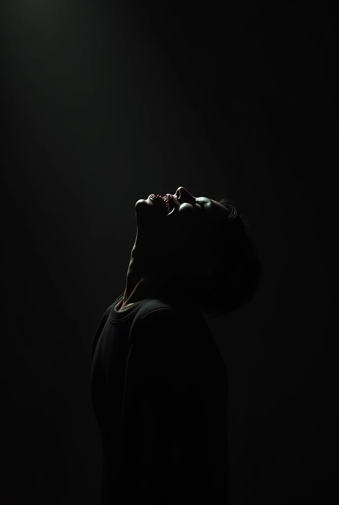 silhouette of anonymous person, smiling creepily, turning his head back to you, with black background