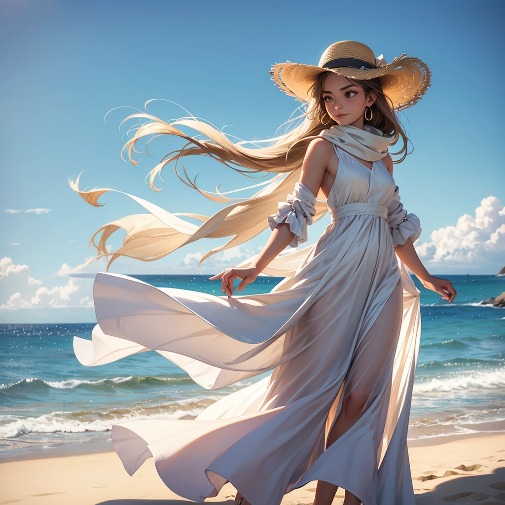 1_1_girl, solo, Pose: Woman standing with her hair being blown by the wind, looking into the distance or at the camera.Expression: Serene and confident, with a hint of a smile or a calm gaze.Attire: Flowy dress, casual yet stylish outfit, or beachwear that complements the wind-swept theme.Hair: Loose and flowing, allowing the wind to create natural movement and volume.Makeup: Natural and glowing, with soft tones that emphasize her natural beauty.Background: An open natural setting such as a beach, a cliffside, a meadow, or a windswept cityscape.Lighting: Natural light, preferably during golden hour, to create a warm, radiant glow.Accessories: Minimal, such as delicate earrings or a flowing scarf that adds to the wind-swept effect.Props: Optional, such as a wide-brimmed hat, a flowing shawl, or a light fabric that catches the wind.Mood: Free-spirited, dynamic, and effortlessly beautiful.