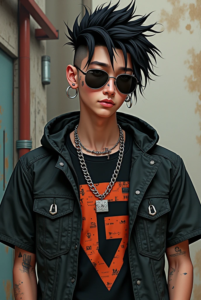 Cool young adult male with lots of piercing and wearing urban style outfit and wearing sunglasses 