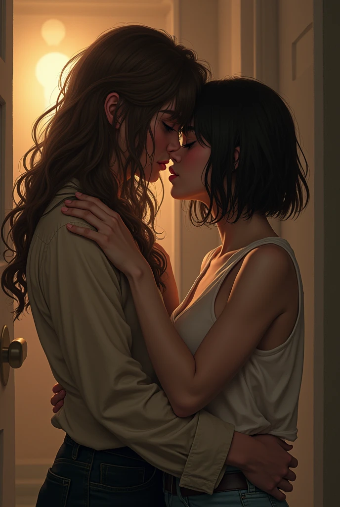 a girl with really short, dark brown hair. which is not longer than the beginning of her neck. she has a rebellious vibe. she’s kissing with boy, who has brown and very long hair. they are in love. she’s touching him.