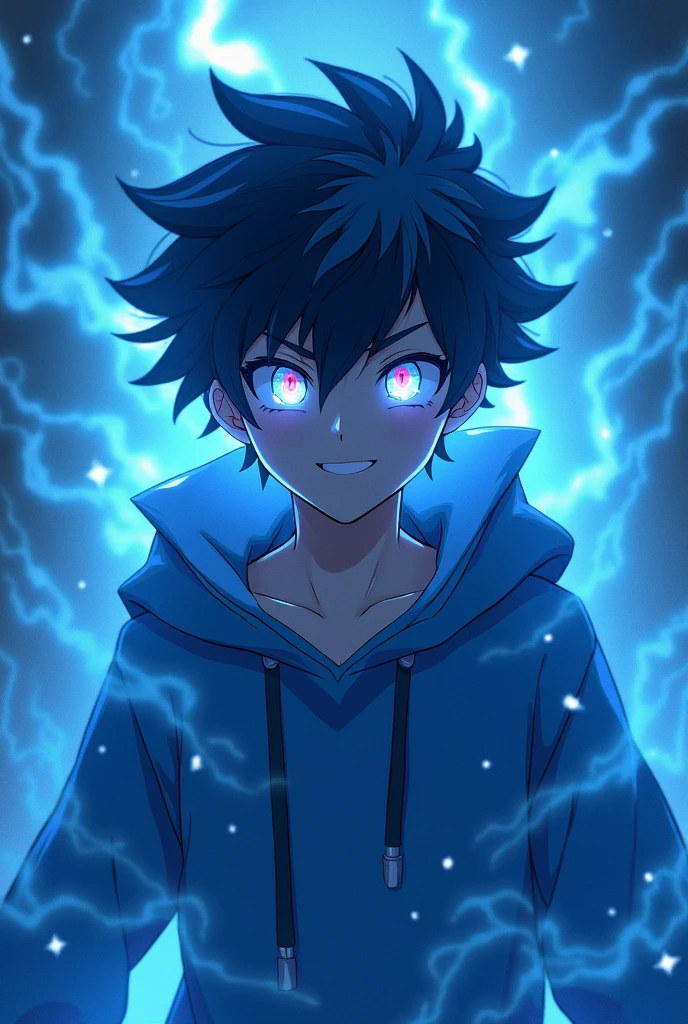 Anime Boy shadow with dark blue hair and dark blue glowing eyes smiling doing cracking neck pose with blue mist