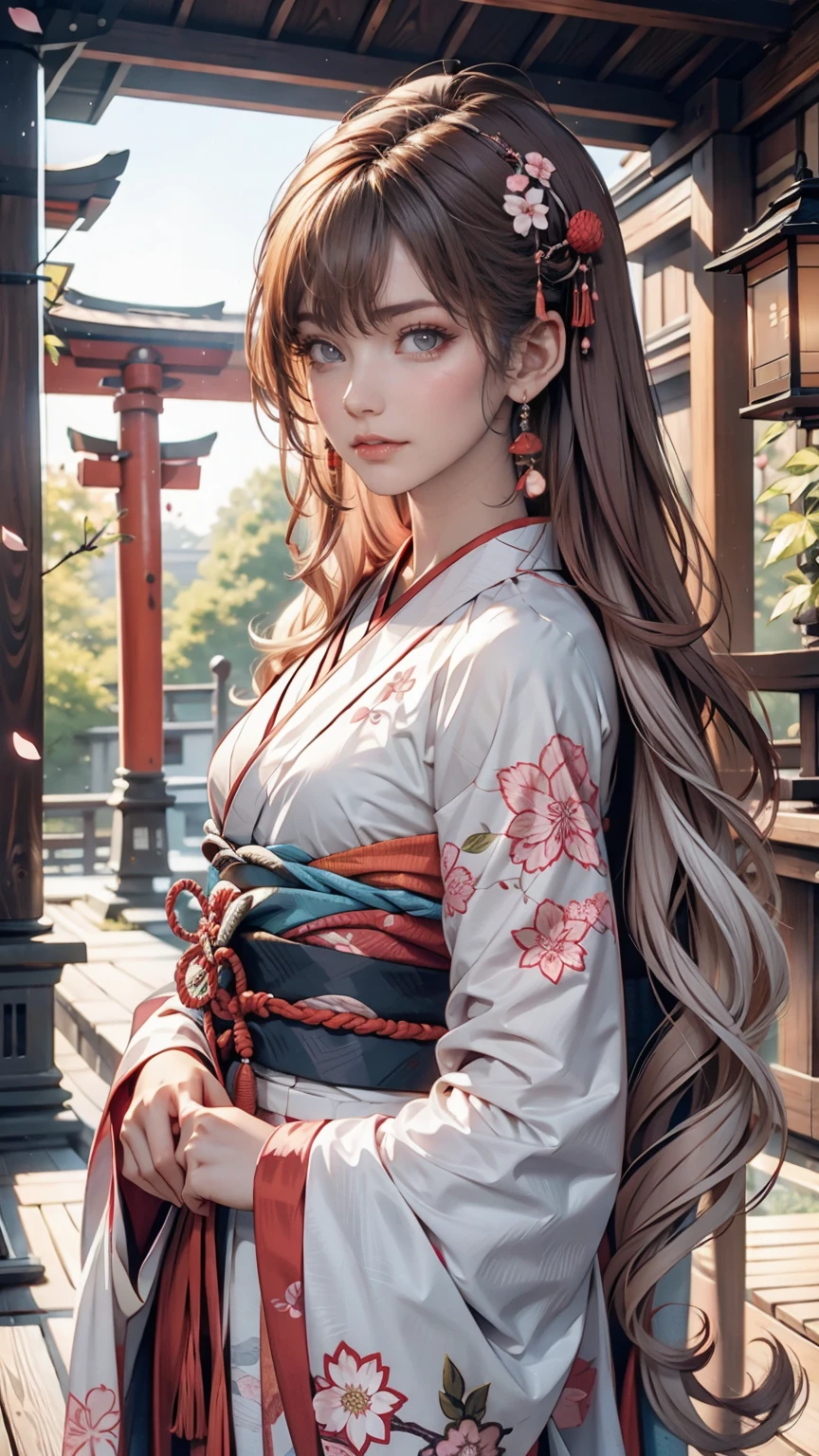 Surreal, Very detailed, High-resolution 16K images, A beautiful female ghost or guardian spirit. She has pale pink hair and clear skin., She is wearing a traditional Japanese kimono with a small cherry blossom pattern on the obi.。. This image captures the ethereal beauty and mystery of the spirit world.。. This style is delicate, The gentle aesthetics of traditional Japanese art