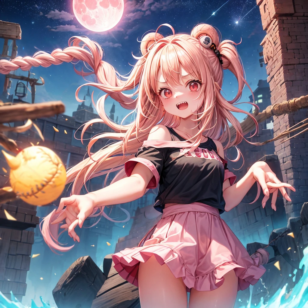 Pink Blonde、Red eyes、Hair tied up、One cute girl、solo、And soul、Checked mini skirt、black t-shirts、one piece、bear ears baseball cap、large tree、Thundercloud、Burning Full Moon、desert、Stones are piled up、Teeth are visible、Fortress City、Tilting face、Starry Sky、firework、A teddy bear is jumping