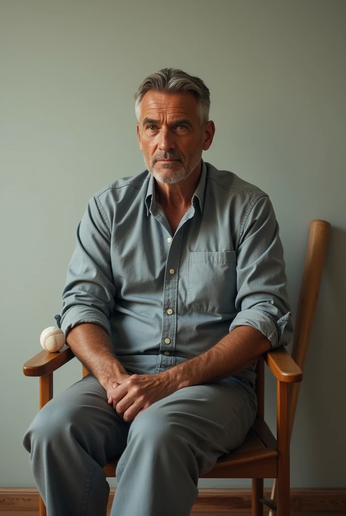 A man sitting on chair face front of camera chair side bat and ball 