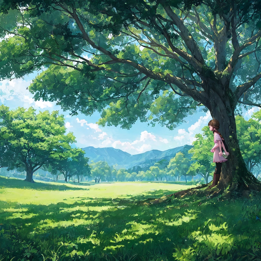 Back view of a girl standing under a tree and looking up at it。A girl with brown hair tied in a single braid、Pink jersey、Short sleeve、Pink boots。