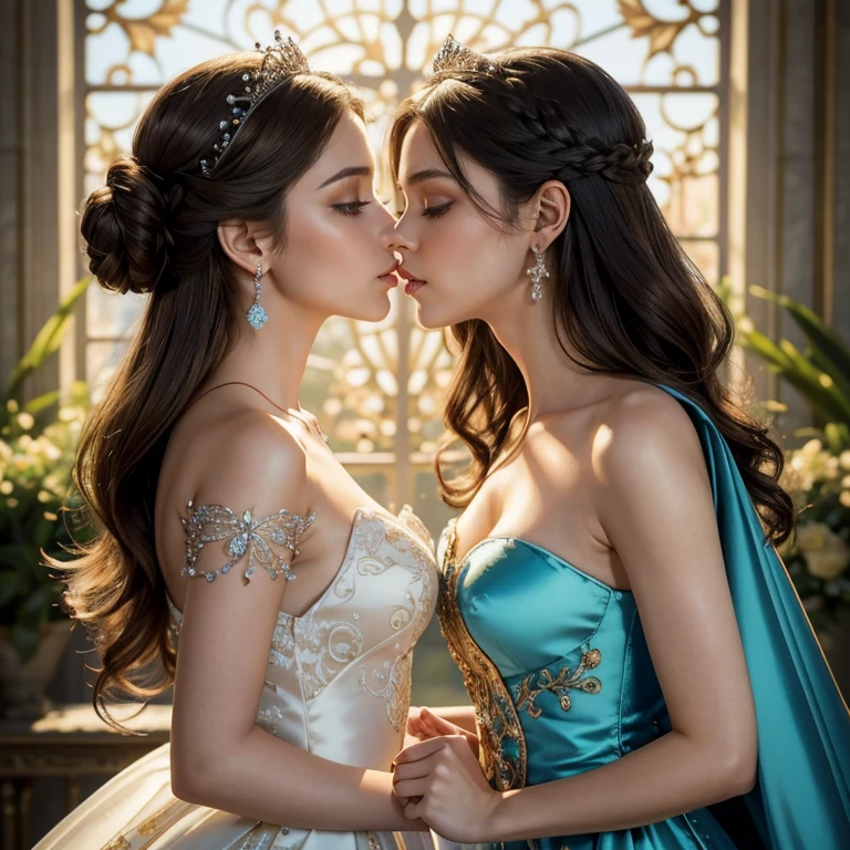(masterpiece, highest quality, official art, beauty and aesthetic:1.5), perfect anatomy, two stunning bride is deeply in love with each other, kiss, romantic atmosphere, flower and moon, magnificent panorama view