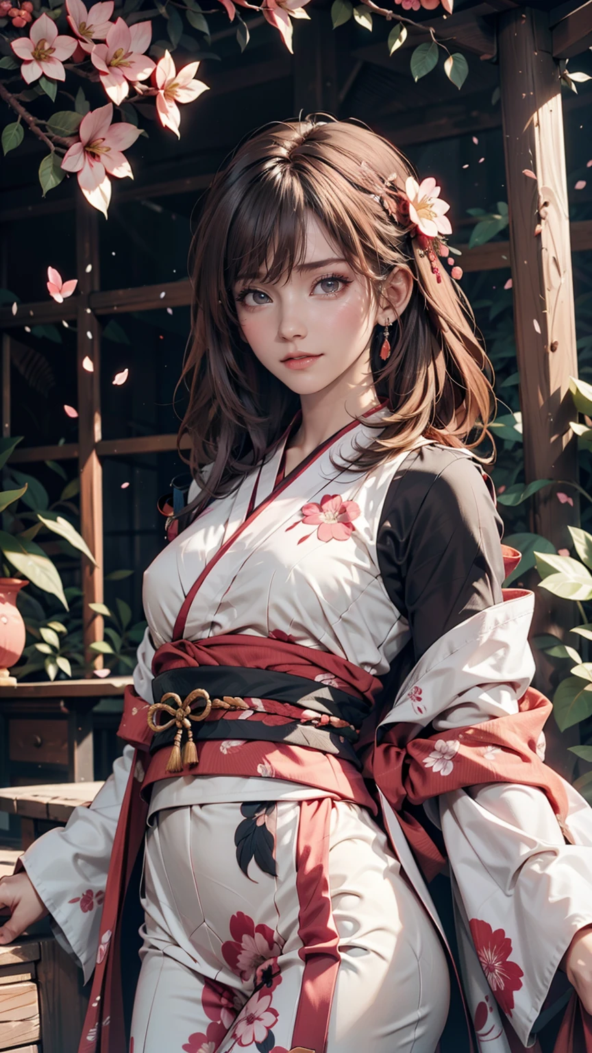 Surreal, Very detailed, High-resolution 16K images, A beautiful female ghost or guardian spirit. She has pale pink hair and clear skin., She is wearing a traditional Japanese kimono with a small cherry blossom pattern on the obi.。. This image captures the ethereal beauty and mystery of the spirit world.。. This style is delicate, The gentle aesthetics of traditional Japanese art
