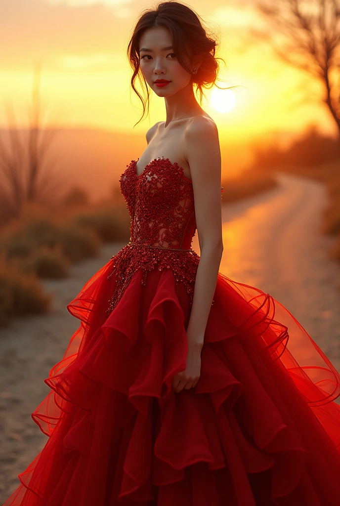 hyper real full-body photo of [Minatozaki Sana], (red-and-gold wedding dress:1.2), beautiful, sexy, 1girl, brunette, make-up, red lips, realistic proportions, realistic pupils, limited palette, highres, absurdres, cinematic lighting, 8k resolution, front lit, HDR, sunrise, RAW photo, Nikon 85mm, Award Winning, Glamour Photograph, extremely detailed, mind-bending