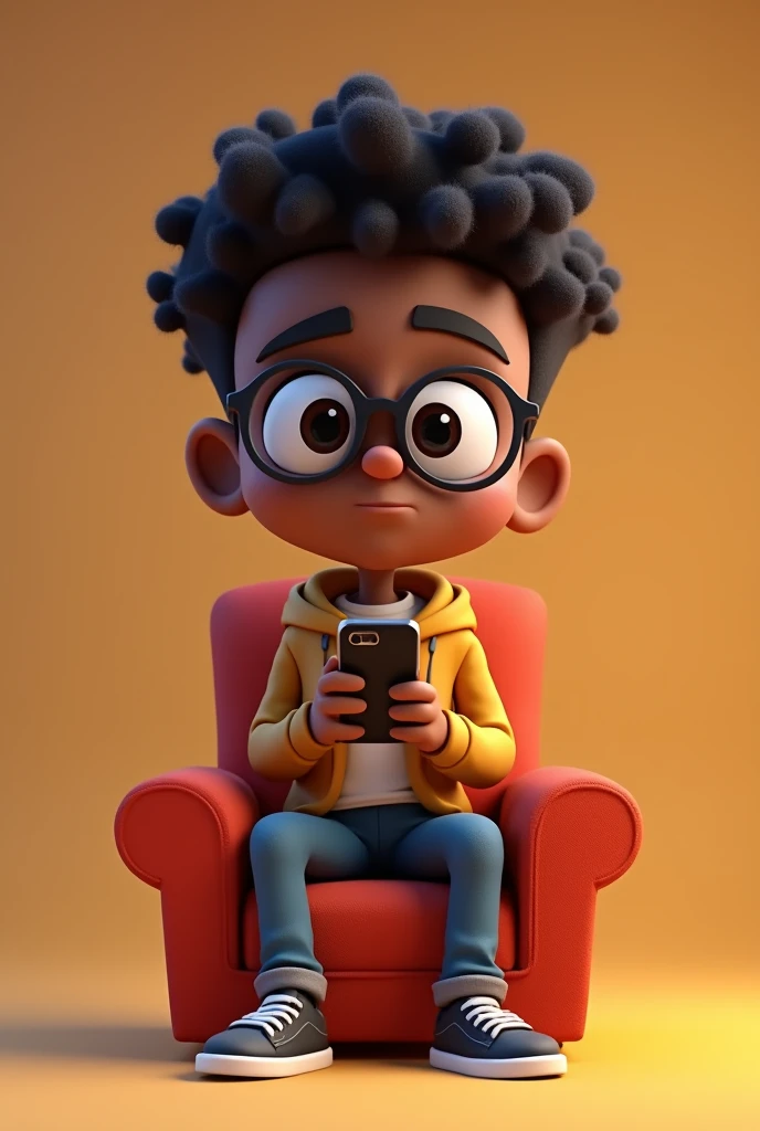 3d cartoon photo of handsome 17 year old african american young man with suspenseful look wearing glasses looking forward, sitting in an armchair with a cell phone in his hands and talking in front of him against a solid, single-colored background, standing with his feet crossed, full portrait image