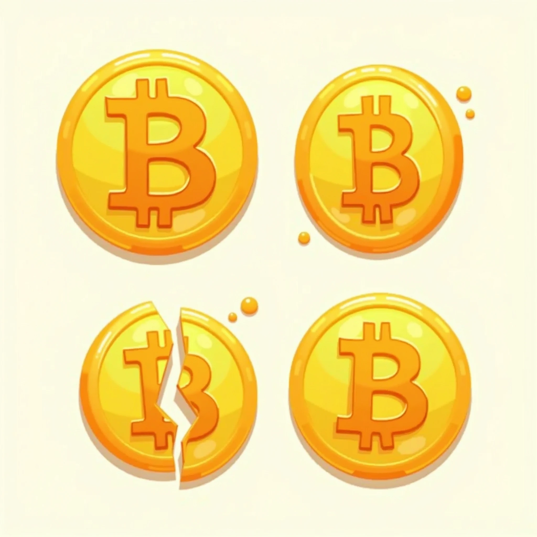 Create two versions of the Bitcoin symbol, matching the playful, cartoon-like style of the 'Bitcoin Crush' logo. Both versions should use the same vibrant gold color (#FFD700) and have a transparent background.

Complete Bitcoin: Design a full Bitcoin symbol with a bold, simplified 'B' logo in the center. The style should be smooth, with rounded edges and a slightly glossy appearance to match the fun and playful theme of the game.

Cracked Bitcoin: Create the same Bitcoin symbol but with a slight crack down the center. The crack should be subtle yet noticeable, with both halves slightly separated. The design should remain consistent with the playful, cartoon-like style, avoiding any realistic details or textures.

Ensure both designs use the same color and visual style to maintain consistency. The focus is on a simple, eye-catching look that integrates seamlessly with the 'Bitcoin Crush' theme.