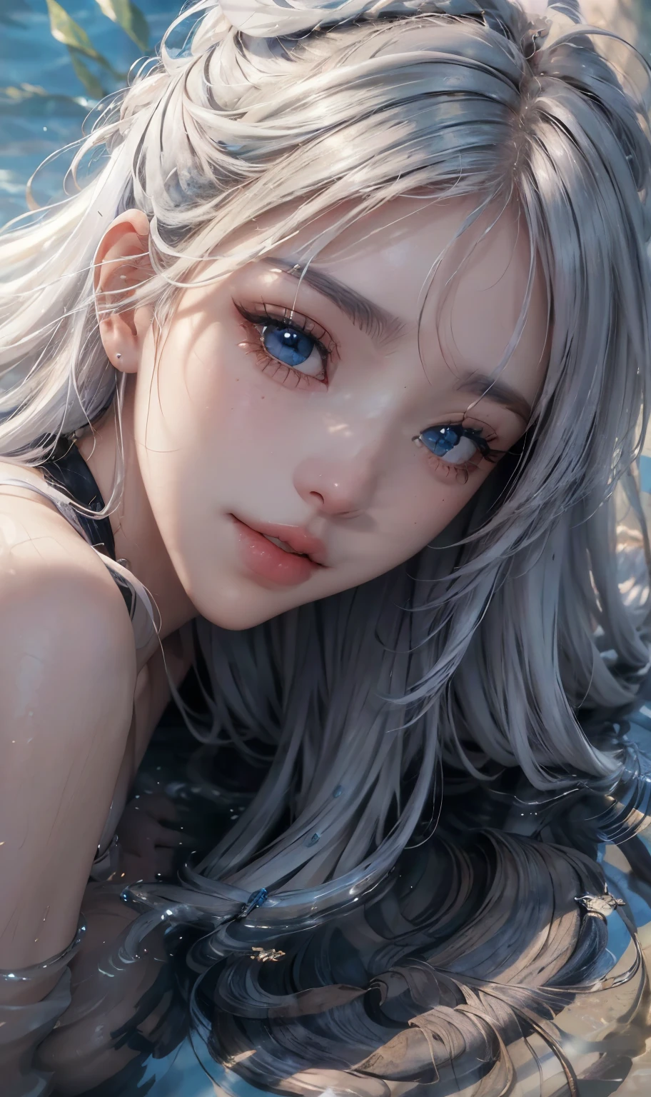 landscape of an woman, landscape of a very beautiful woman,(((extreme face close up))), Nao Tomori/(Charlotte/), anime style, (((lie sideaways)))!!!, (lie sideaways on the shallow water), looks at the camera with beautiful blue eyes, Ultra Detailed, A detailed eye, (Beautiful blue eye's like sapphire :1.40)!!, Stars in her fixed eyes, (homochromatic eyes)!!! attractive smile, beautiful smile, gorgeous smile, Perfect nose, Cute little nose, beatiful face, Face Clean, Skin, hyper realistic, Incredibly detailed face, hyper detailed face, A face with a lot of detail, Perfect eye shadow, wink, Hyper-Detailed Eyes, Hyper-detailing of eyebrows, Hyper-detailed eyelashes, white hair between eyes,  White hair bangs, (ultra shine white hair)!!, (curvy hair with double tied up)!!, ((dynamic composition)), Best Quality, Masterpiece, Ultra-detailed, Beautiful, hight resolution, Original, CG 8K, perfect artwork,  dramatic  lighting, (Realistic) Realistic, Full HD, Best Quality, Best Quality, Beautiful lighting, (8k wallpaper of extremely detailed CG unit), High Details, sharp-focus, The art of dramatic and photorealistic painting,  ((In shallow water)), dynamic composition