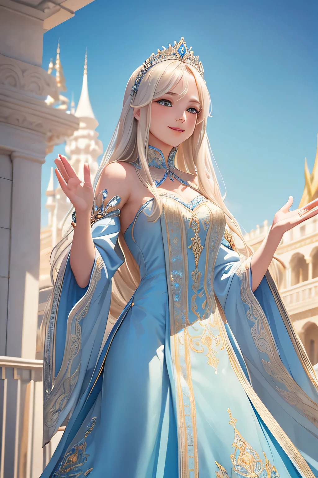 A beautiful white princess with long blonde hair, wearing a flowing blue gown with intricate silver embroidery, stands on a grand palace balcony. She smiles warmly and waves to the cheering crowd below. The sunlight shines brightly, reflecting off her golden hair and the silver details of her gown. Behind her, the palace's elegant architecture and lush gardens are visible,(((Upper body)))