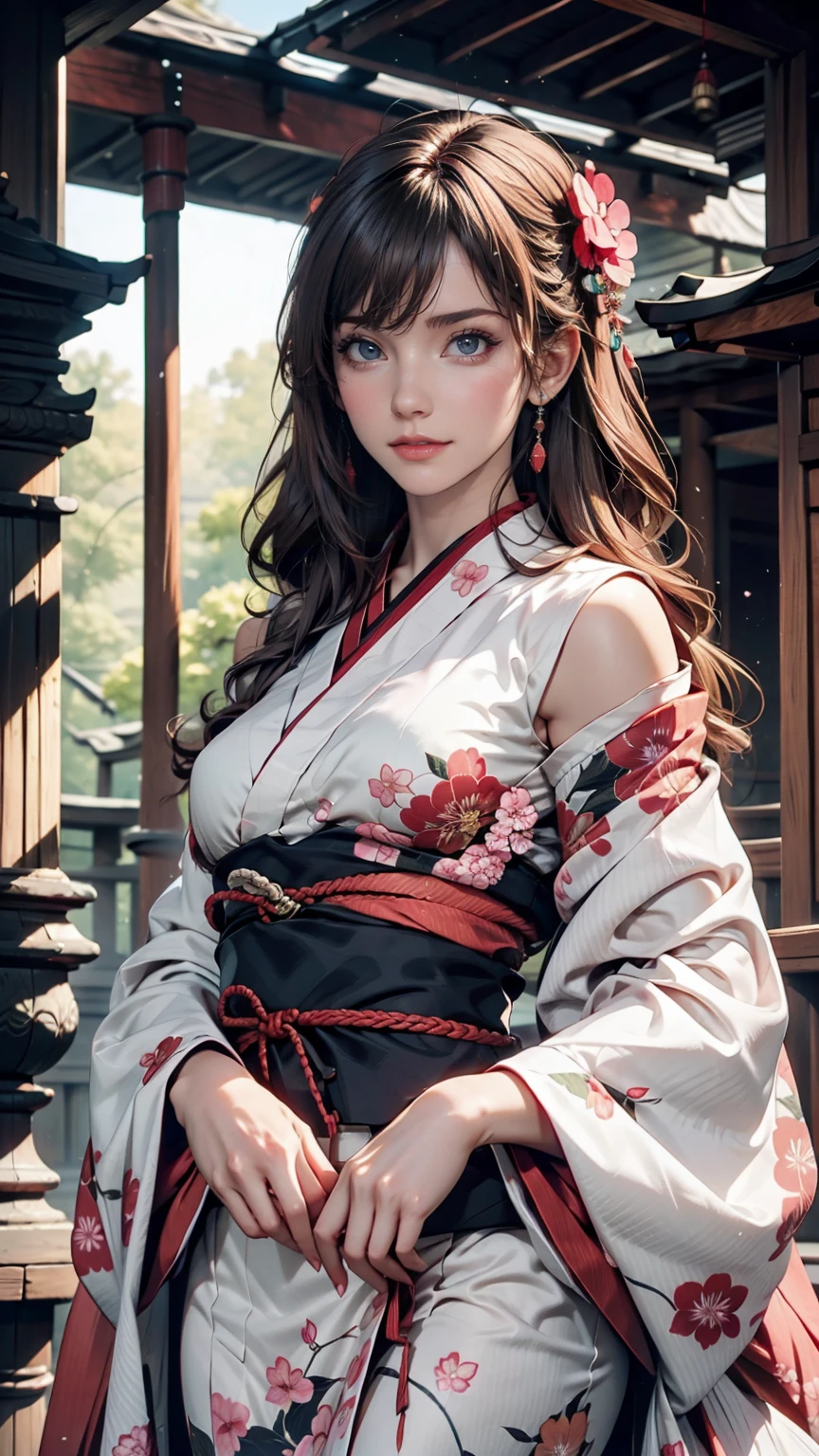 Surreal, Very detailed, High-resolution 16K images, A beautiful female ghost or guardian spirit. She has pale pink hair and clear skin., She is wearing a traditional Japanese kimono with a small cherry blossom pattern on the obi.。. This image captures the ethereal beauty and mystery of the spirit world.。. This style is delicate, The gentle aesthetics of traditional Japanese art