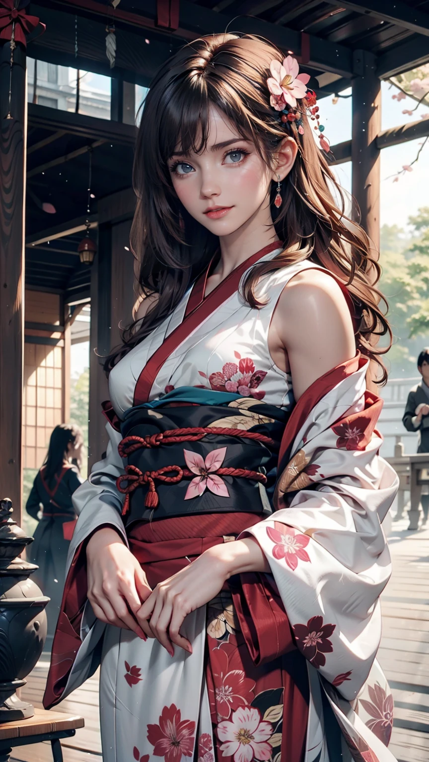 Surreal, Very detailed, High-resolution 16K images, A beautiful female ghost or guardian spirit. She has pale pink hair and clear skin., She is wearing a traditional Japanese kimono with a small cherry blossom pattern on the obi.。. This image captures the ethereal beauty and mystery of the spirit world.。. This style is delicate, The gentle aesthetics of traditional Japanese art