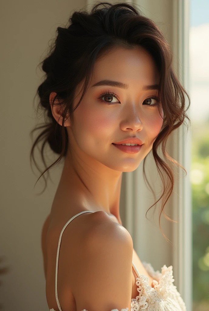 Create a realistic and elegant portrait of a beautiful American woman. She should have a warm, radiant smile and expressive eyes. Her hair should be styled in a modern yet timeless fashion, and her attire should reflect a blend of classic sophistication and contemporary style. The background should be soft and natural, enhancing her features and conveying a sense of grace and charm.”