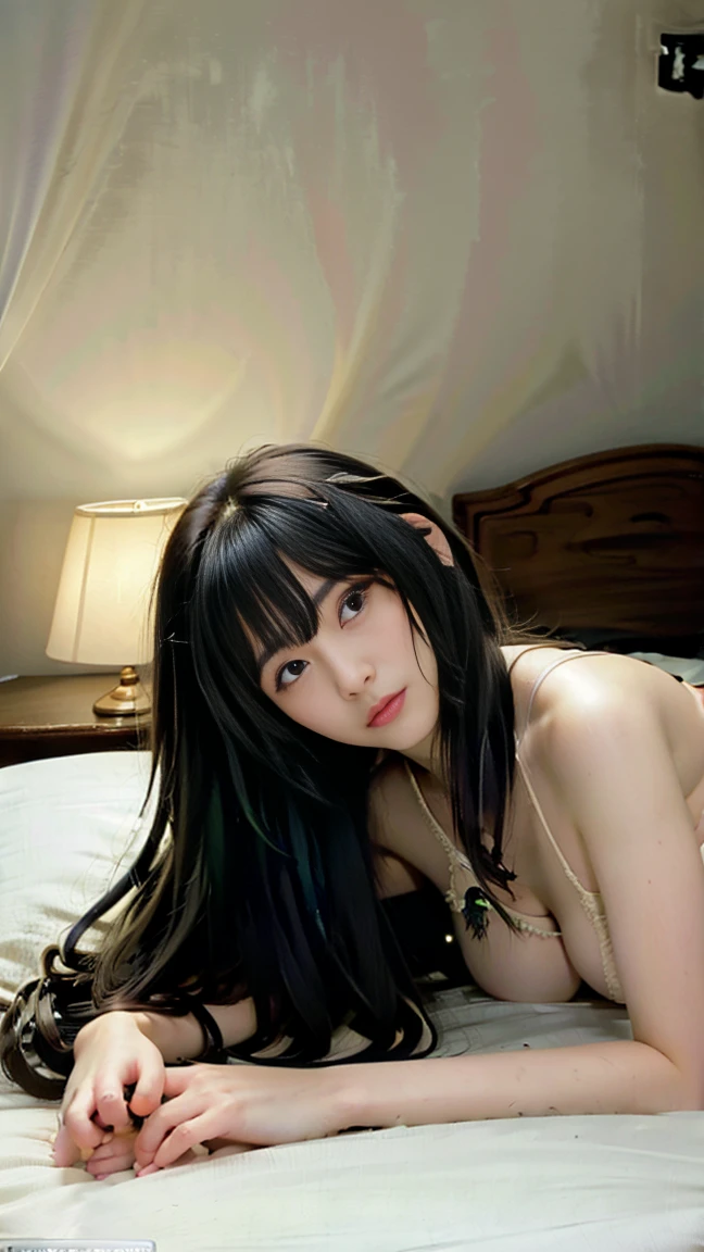 High resolution、High resolution、RAW Photosgraphy、Highest quality、masterpiece、Beautiful Japanese Girl、White skin、Small breasts、超High resolution、RAW Photos、only、alone、whole body、very nice,（(Light yellow-green underwear with cute ribbon)),((Lying on the bed, staring at me))、Sunny bedroom