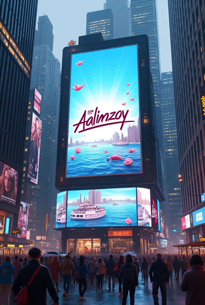 Write “Aalimzoy” on billboard in a city.