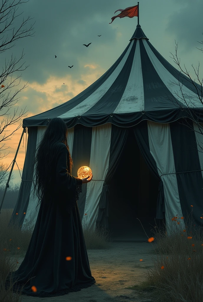 A hauntingly lit illustration depicts a lone figure standing before a mysterious black and white striped circus tent on All Saints' Day as the sun dips below the horizon. The air is heavy with foreboding as the fortune teller's enigmatic gaze pierces through the shadows, her hands grasping an ornate crystal ball. A wispy veil of uncertainty surrounds her, while eerie etchings adorn the tent's canvas, foreshadowing the ominous fate that awaits.