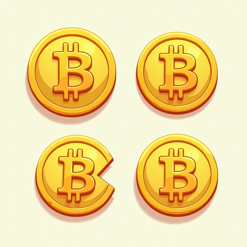 Create two versions of the Bitcoin symbol, matching the playful, cartoon-like style of the 'Bitcoin Crush' logo. Both versions should use the same vibrant gold color (#FFD700) and have a transparent background.

Complete Bitcoin: Design a full Bitcoin symbol with a bold, simplified 'B' logo in the center. The style should be smooth, with rounded edges and a slightly glossy appearance to match the fun and playful theme of the game.

Cracked Bitcoin: Create the same Bitcoin symbol but with a slight crack down the center. The crack should be subtle yet noticeable, with both halves slightly separated. The design should remain consistent with the playful, cartoon-like style, avoiding any realistic details or textures.

Ensure both designs use the same color and visual style to maintain consistency. The focus is on a simple, eye-catching look that integrates seamlessly with the 'Bitcoin Crush' theme.