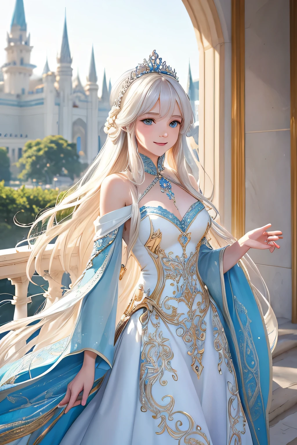 A beautiful white princess with long blonde hair, wearing a flowing blue gown with intricate silver embroidery, stands on a grand palace balcony. She smiles warmly and waves to the cheering crowd below. The sunlight shines brightly, reflecting off her golden hair and the silver details of her gown. Behind her, the palace's elegant architecture and lush gardens are visible,(((Upper body)))