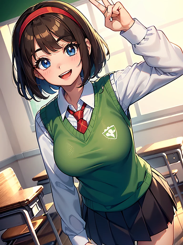 ((1girl)), ((short brown hair)), ((hairband)), ((blue eyes)), ((long sleeved white collared shirt)), ((green sweater vest)), ((red necktie)), ((black skirt)), ((big happy smile)), ((medium breasts)), ((generic girly pose)), ((big happy smile)), ((energetic)), ((bangs)), ((Kawaii)), ((face close up)), ((White shirt)), ((green sweater vest)), ((red necktie)), ((cute art style)), (((anime)), ((eyelashes)), ((friendly smile)), ((open mouth)), ((school interior)), ((long sleeves)), ((modern))