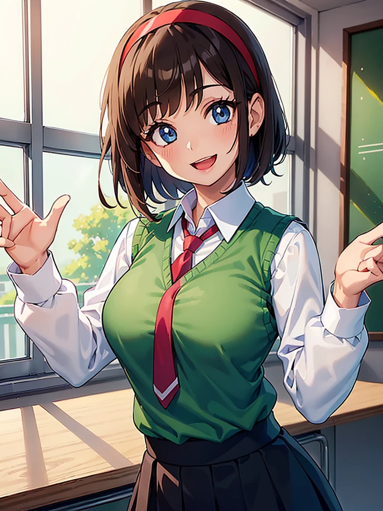 ((1girl)), ((short brown hair)), ((hairband)), ((blue eyes)), ((long sleeved white collared shirt)), ((green sweater vest)), ((red necktie)), ((black skirt)), ((big happy smile)), ((medium breasts)), ((generic girly pose)), ((big happy smile)), ((energetic)), ((bangs)), ((Kawaii)), ((face close up)), ((White shirt)), ((green sweater vest)), ((red necktie)), ((cute art style)), (((anime)), ((eyelashes)), ((friendly smile)), ((open mouth)), ((school interior)), ((long sleeves)), ((modern))