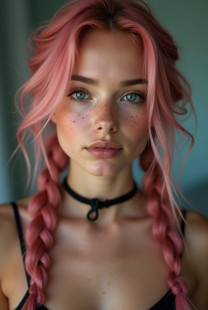 (Realisttic:1.2), analog photo style, Beautiful young woman, posing, with freckles and long pink hair braided, (modern ambient atmosphere), soft natural light, cute and sexy, great quality, Masterpiece, detailed strange background, better performance, 16k quality, RAW photo, sexy clothes, sexy choker, black choker