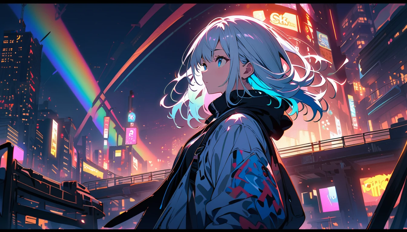 HD 8K Handsome sexy, Solitary, 1 female, Medium Length Hair, white hair, Rainbow hair, blue Eyes panoramic, in the night, looking away, outdoor, White clouds, graffiti Popularity spray art wall panoramic, vibrant, cityscape, Tokyo night
