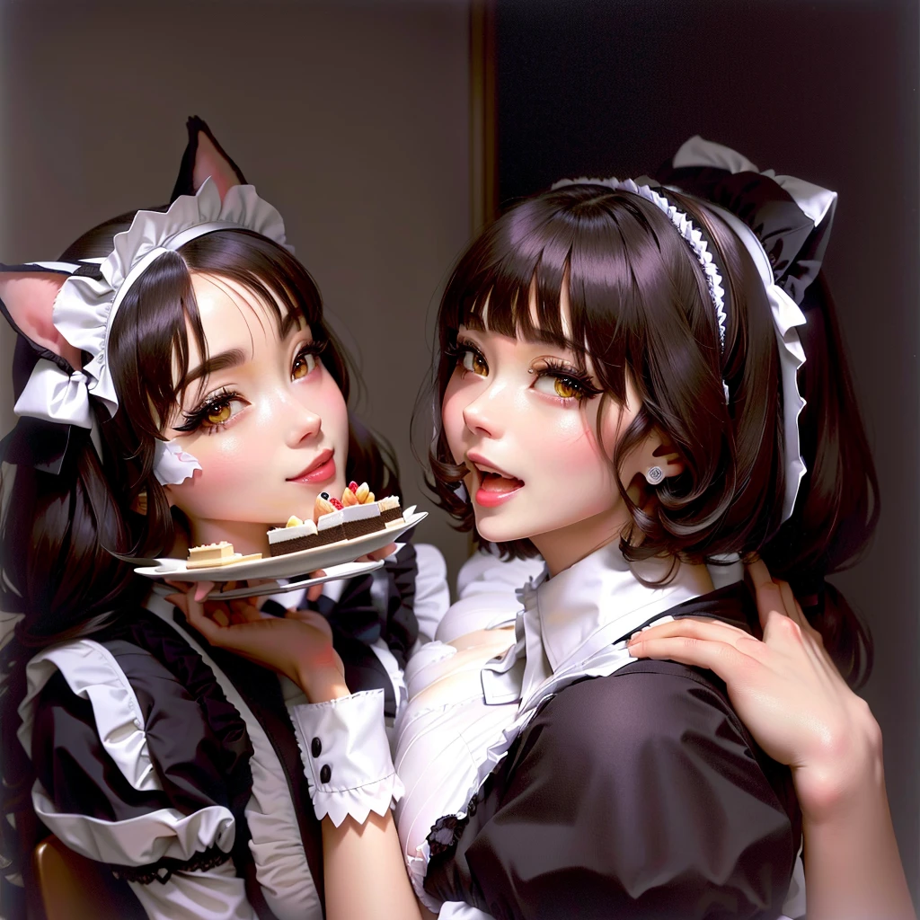 araffe dressed in a maid outfit holding a plate of cake, japanese maid cafe, maid, anime girl in a maid costume, change, weaAlsog maid uniform, shikamimi, Catboy Cosplay! maid! dress, maid outfit, Also, Eat cake, mitsumayo, Chiho, Eat and drink, ( waitress ) girl, cute:2