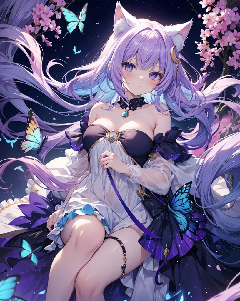 Anime-style of seraphina, the Dream Keeper. She is a cat girl with neko ears, with ethereal blue hair with golden highlights, reminiscent of twilight. Her eyes are a deep, intense blue, like the morning sky. She wears a light, flowing lavender dress with golden star-like details. Her cat ears are purple with golden tips, and she has a crescent moon pendant around her neck. Seraphina is surrounded by rainbow glowing butterflies that follow her wherever she goes. The background is a dreamy, surreal scenery landscape with soft, pastel colors, evoking a sense of tranquility and magic. Bare shoulders, bare feet