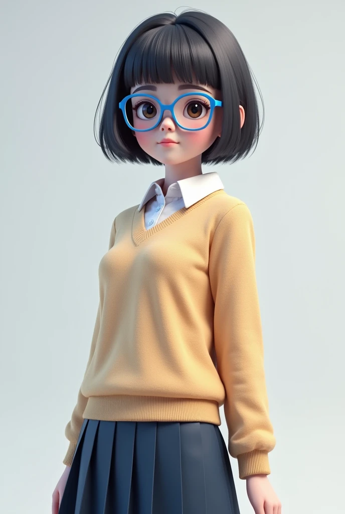 Short hair girl with blue glasses and school clothes in 3D

