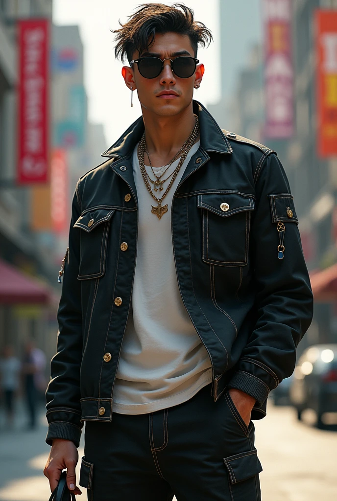 Cool young adult male with lots of piercing and wearing urban style outfit and wearing sunglasses