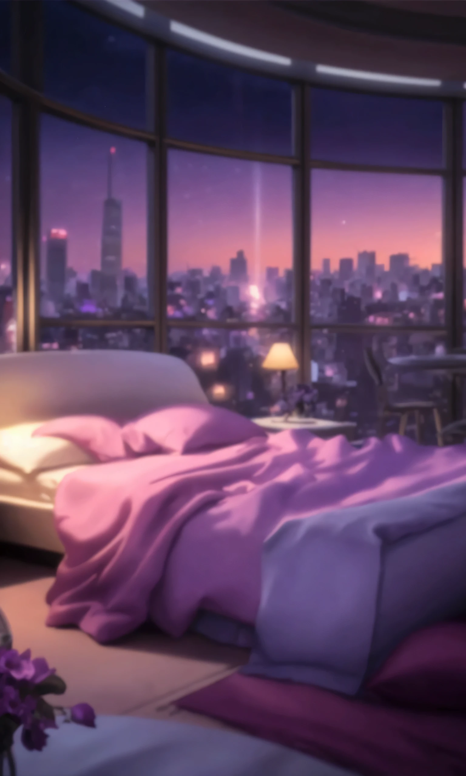purple and white bedroom with a view of the city, bedroom background, background blurred, blurry and dreamy illustration, blurred and dreamy illustration, personal room background, some background blur, blurred background, blurred photo, dreamy night, unreal engine ; romantic theme, night time city background, cyberpunk bedroom at night, ultra realistic picture, night - time city background,Thick coating style,There is a bouquet of flowers on the coffee table in the lower right corner,Purple Flowers