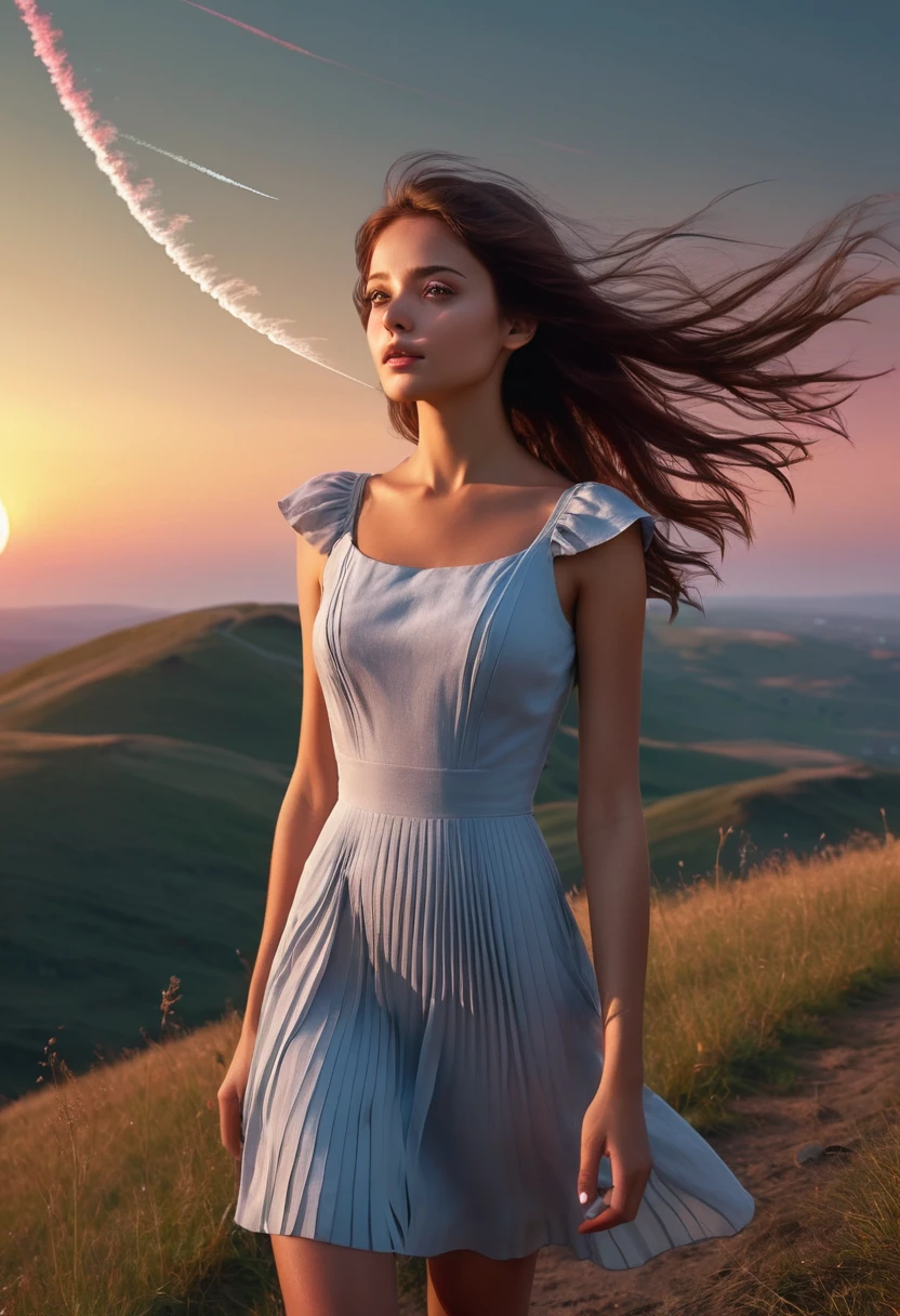 8K quality, ultra-high definition and realistic, a girl is following a contrail with her eyes, on top of a hill lit by the setting sun, the wind is blowing, her brunette hair flutters in the wind, the sky with the contrails is dyed crimson, in the distance a thin, whitish crescent moon can be seen, she is beautiful with a small chest, her eyes are brown and intelligent, her skin is clear, it is late summer, she is wearing a cool-looking one-piece dress, the hem of the pleated skirt of the dress flutters in the wind, artistic, a masterpiece, what is she thinking when she sees the contrails, a sense of loneliness, detailed and with dark shadows.