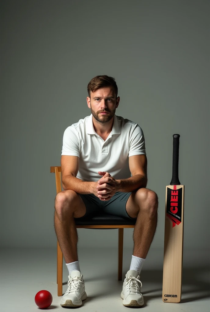 A man without beard sitting on chair face front of camera chair side sport cricket bat and ball