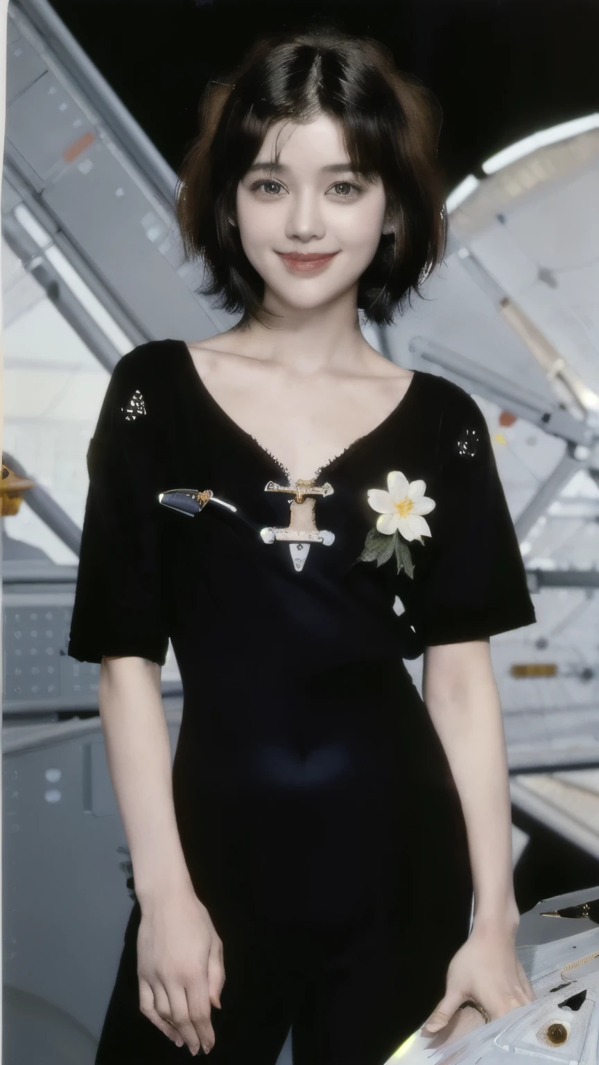 268 (20-year-old princess,Are standing),  ((short hair:1.46)), (chest:1.46), Old-fashioned smile, (flower), (Spaceship:1.46) 