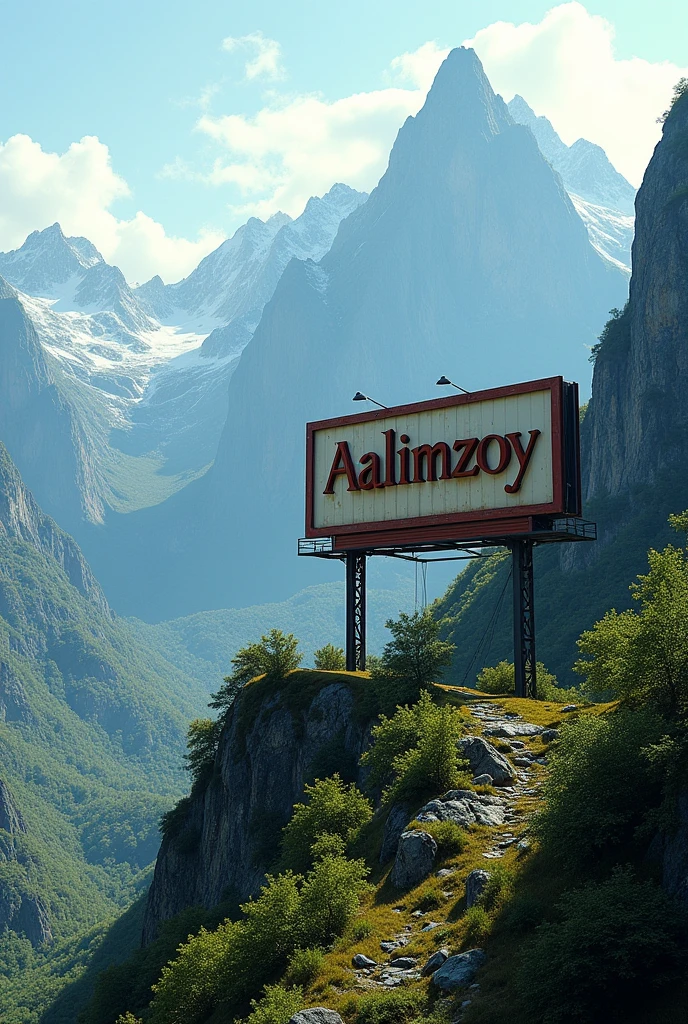 Write “Aalimzoy” on billboard in mountain.
