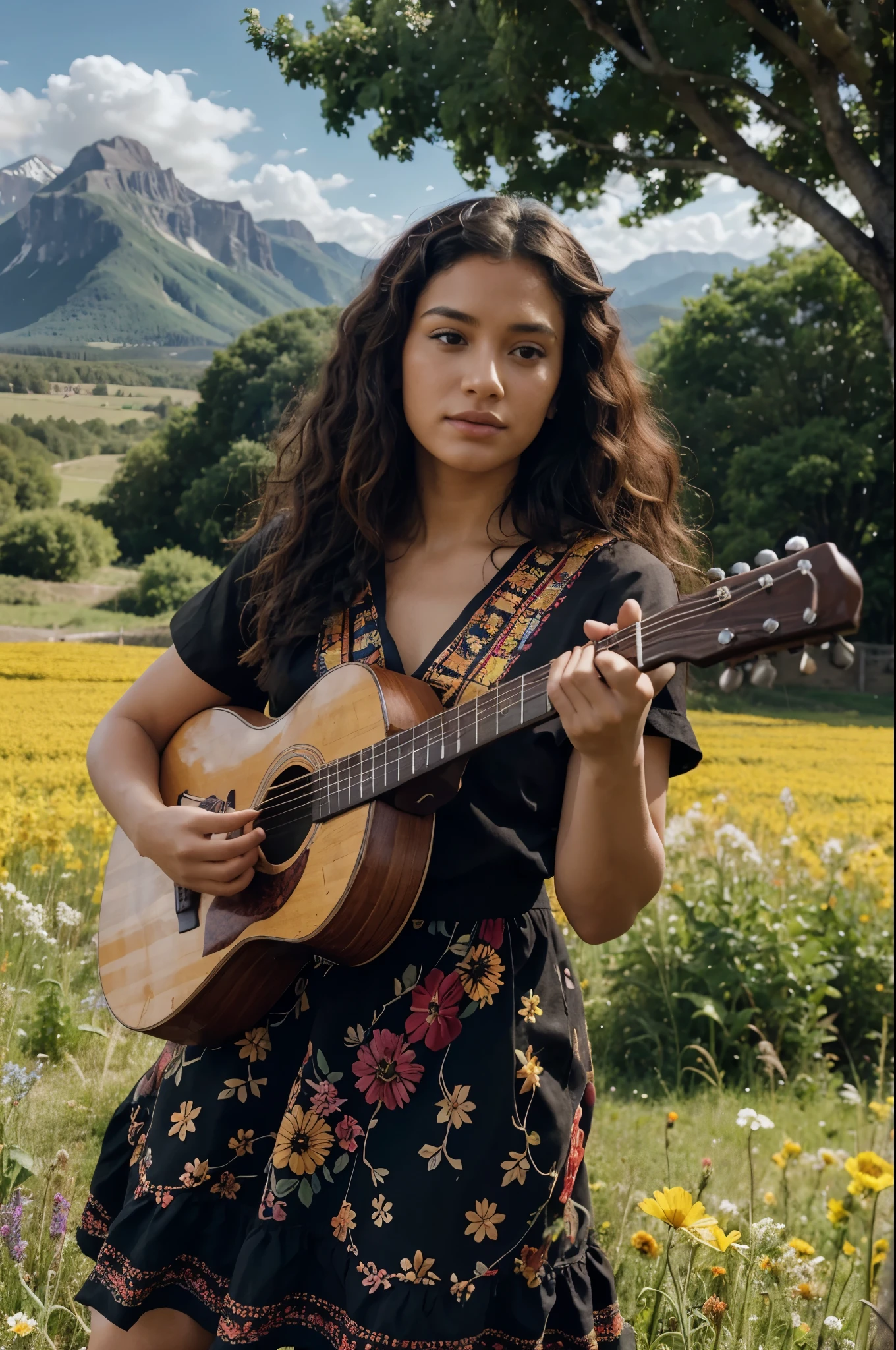 A beautifull woman, curly hair, distracted, skin black, long colorful dress, on a flower field, mountains in the background, playing guitar, distant room, cinematographic, Stunning visual masterpiece, Double exposure, 8k, photorrealistic, strong outlines, Cinematic scene, native indian clothing, natural gesture, Beauty Face, nature background, High Details, crazy details, complex details, hyperdetailed