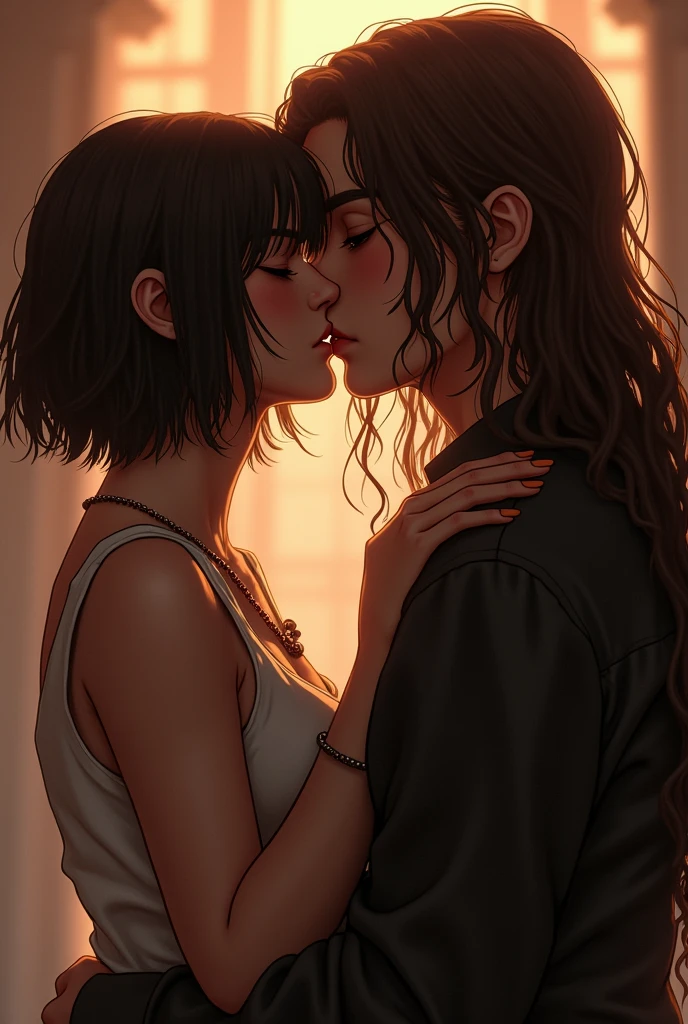 a girl with really short, dark brown hair. which is not longer than the beginning of her neck. she has a rebellious vibe. she’s kissing with boy, who has brown and very long hair. they are in love. she’s touching him.