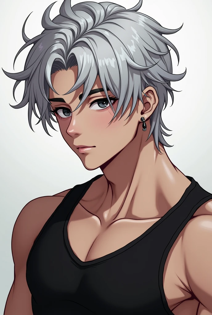 Extremely Handsome boy with silver hair, big muscular body, beautiful black eyes and ear piercing like 2D high quality image
