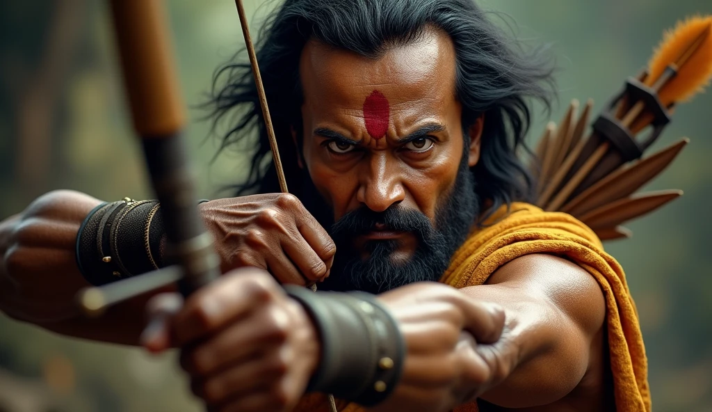 (rajinikanth,1man,ancient indian warrior outfit,bow and arrow,detailed portrait,extremely detailed face,beautiful detailed eyes,beautiful detailed lips,extremely detailed skin,highly detailed hands,highly detailed muscles,dramatic lighting,chiaroscuro lighting,epic fantasy,cinematic composition,dramatic atmosphere,vibrant colors,rich color palette,volumetric lighting,photorealistic,8k,best quality,masterpiece)
