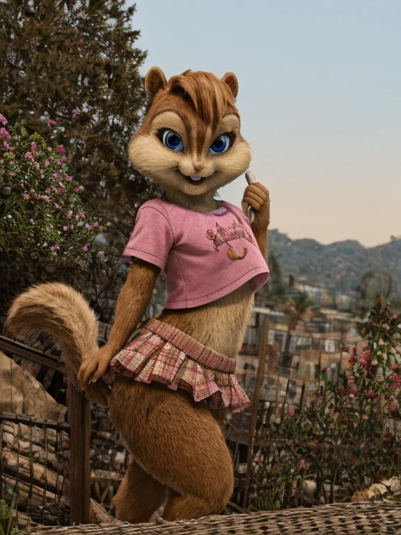 score_9, score_8_up, score_7, score_6, detailed background, brittany miller, chipmunk, furry, short ears, jean jacket, pink skirt, light pink shirt, looking at viewer , 6 inches tall,