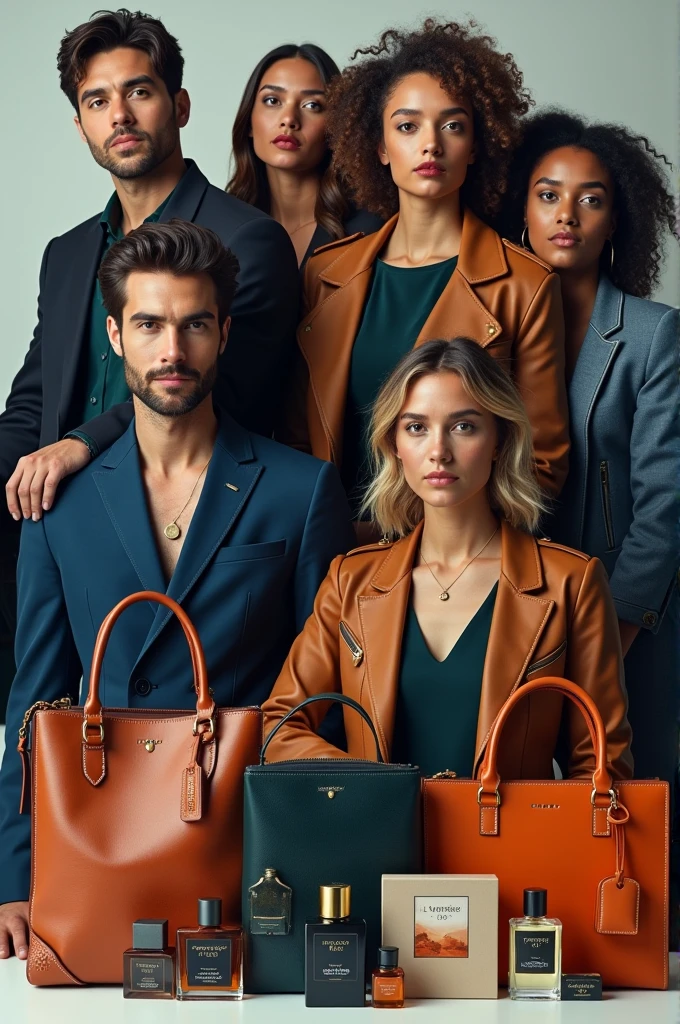 Create a cover photo with the name Stoncks Bros and objects such as perfumes in the background , Jackets and bags for men and women