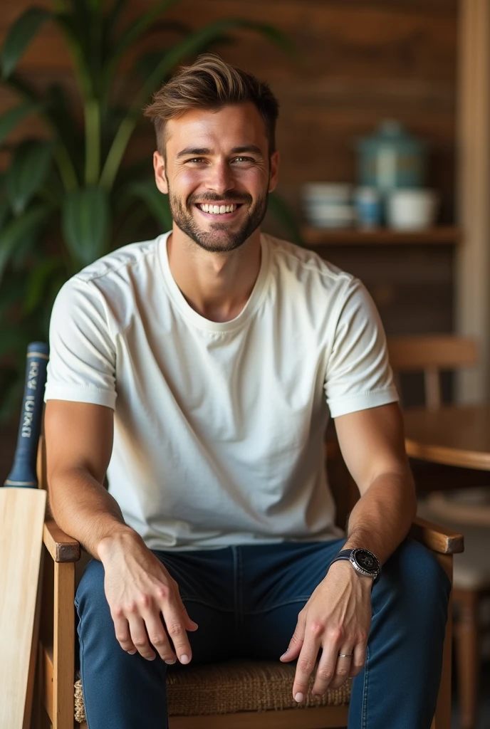 A man without beard sitting on chair face front of camera chair side cricket bat and ball face smile