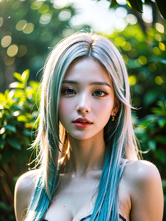 Beautiful young Russian woman with long white hair , Fashionable clothes, Dazzling morning sun, Highest quality, 4K, 8k, High resolution, masterpiece:1.2, Very detailed, Realistic, photoRealistic, photo-Realistic:1.37, High resolution, 超High resolution, Studio Lighting, Ultra-fine painting, Sharp focus, Physically Based Rendering,  Professional, Vibrant colors, Bokeh, Portraiture、Fairy-like woman