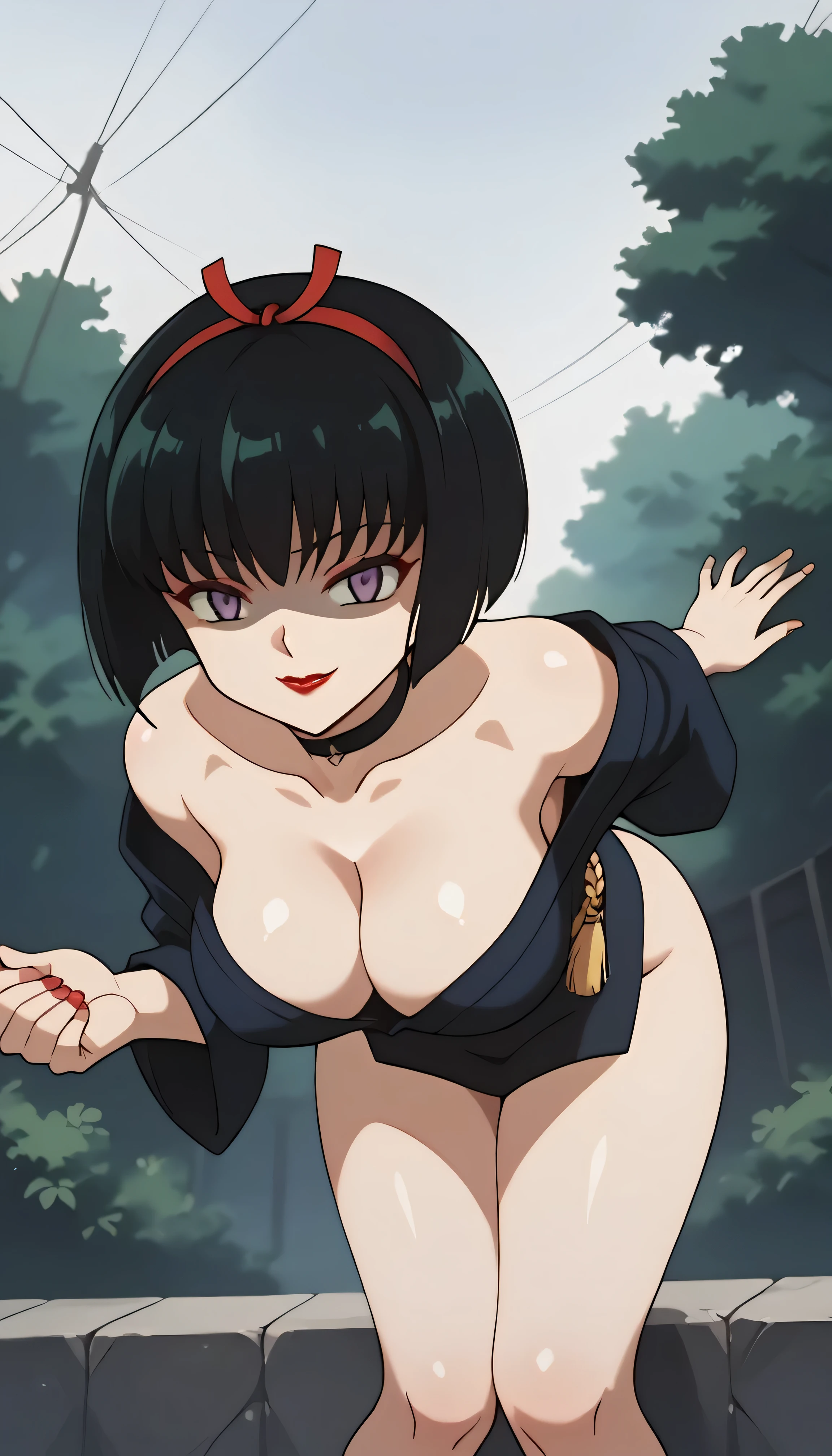 score_9, score_8_superior, score_7_superior, sauce_anime, Highest quality, masterpiece, evaluation_Explicit, No correction, break, SAKASAGAMINOYURA, One girl, Large Breasts, Cleavage, Black Hair, hair band, Bob_cut, Purple eyes, choker, No sleeve, Short kimono, Red lips, Outdoor, Leaning forward,two hands,Two legs,five fingers,evil background,, Wicked Smile, devilish aura (Shiny fabric:1.5),Dark world background,solo,feet,most evil Smirk,solo,most evil Smile,Shaded face (eyes in shadow),Shiny skin,oily skin,Sadistic smile,