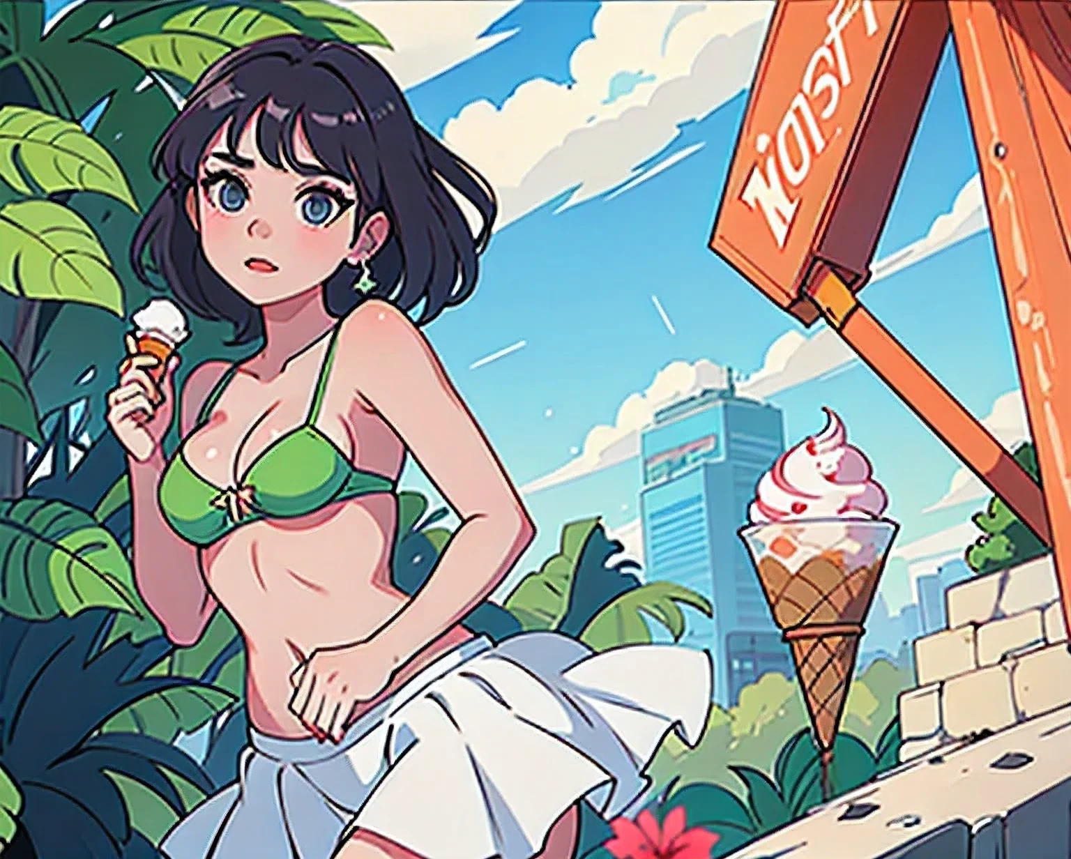girl in a bikini eating an ice cream cone, eating ice cream, in a bikini, angela white, giorgia meloni, katy perry, in bikini, eating ice - cream, wearing spandex bikini, ice cream on the side, bikini, ice cream, wearing a bikini, candid photo of dirty, shiny plastic bikini, candid shot, cone, 1 girl, solo,in a green dress standing by a wall,portrait of female idol