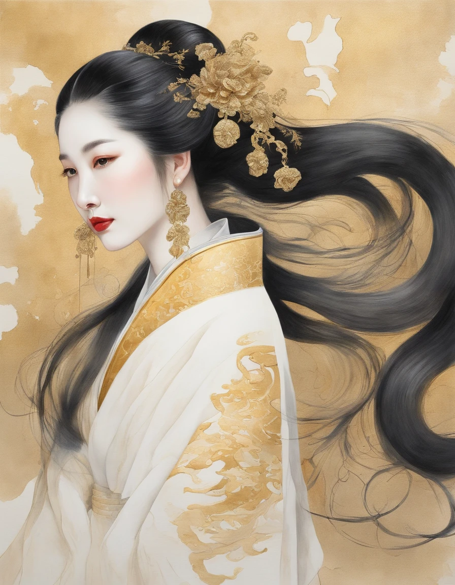 High tension, gold paint and ink close-up a(Chinese beauty of long hair hanfu), Chinese kintsugi patterns, minimalist, (a huge long white snake edge), gold bread paint background, gold kintsugi and splash effects, realistic textures.