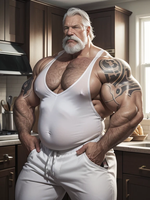 Hyperrealistic image of a very old and very sweaty superhero with a bare torso and very gray hair., A bodybuilder over 80 years old., very muscular and fat with a weight of more than 200 kilos, Bare-chested, large flabby pecs, huge tattoos, big brown nipples, grey mustache, dressed in white pants and in a kitchen in front of a birthday cake. 